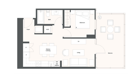 Floor plan for 1 bed, 1 bath, 537 sqft